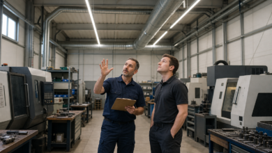 Zwei Mitarbeitende prüfen Beleuchtung und Gebäudetechnik in einer Werkhalle. [Bildinhalt mit KI erstellt]