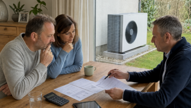 Hausbesitzer vergleichen mit einem Energieberater die Kosten einer Wärmepumpe [Bildinhalt mit KI erstellt]