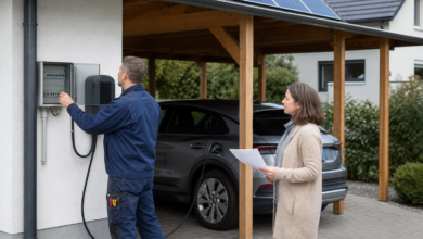 Elektriker und Hausbesitzerin prüfen eine Wallbox unter einem Solarcarport [Bildinhalt mit KI erstellt]