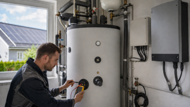 Techniker misst den elektrischen Heizanschluss eines Warmwasserspeichers [Bildinhalt mit KI erstellt]