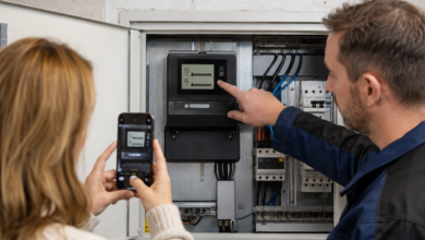 Elektriker zeigt einer Hausbesitzerin die Bezugs- und Einspeisewerte eines Zweirichtungszählers [Bildinhalt mit KI erstellt]